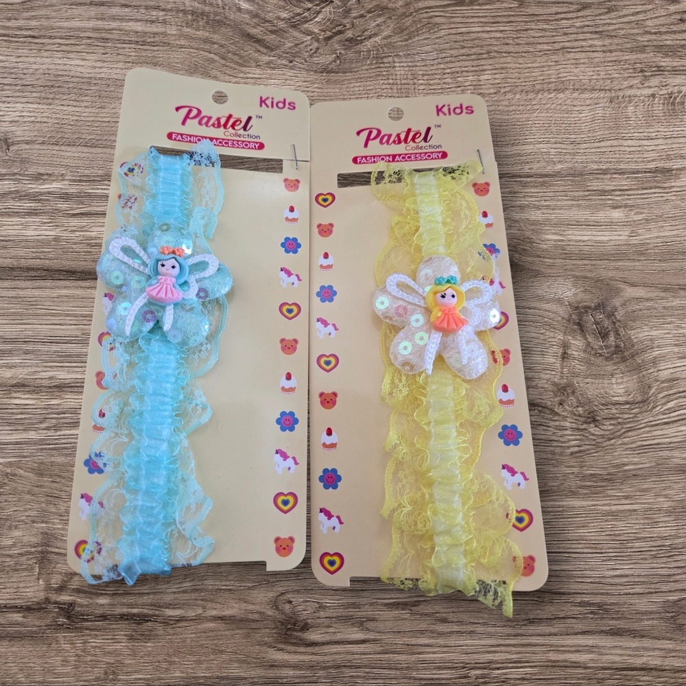 2 Pastels Kids Lace Headbands with Fairy Charm - Blue & Yellow